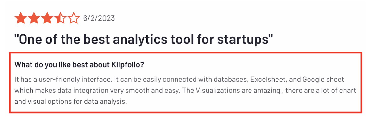 Klipfolio Comment - Klipfolio review with five-star rating, and description of its key features.
