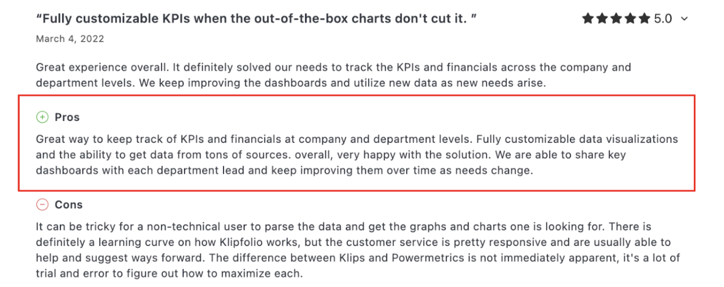 Klipfolio Comment - A customer review with pros and cons highlighted in red boxes.