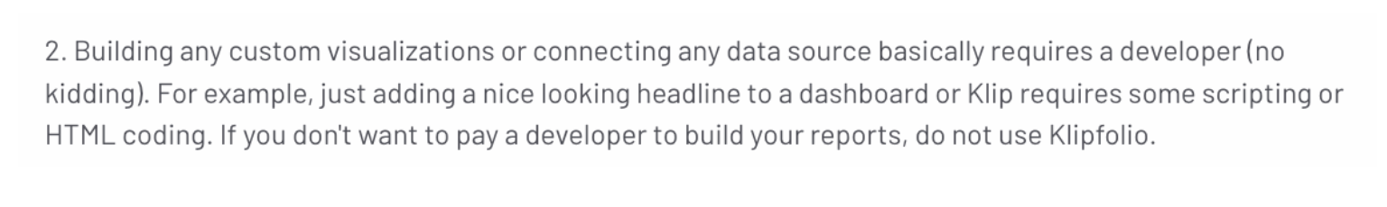 Klipfolio Comment - Block of text describing Klipfolio's development requirements.