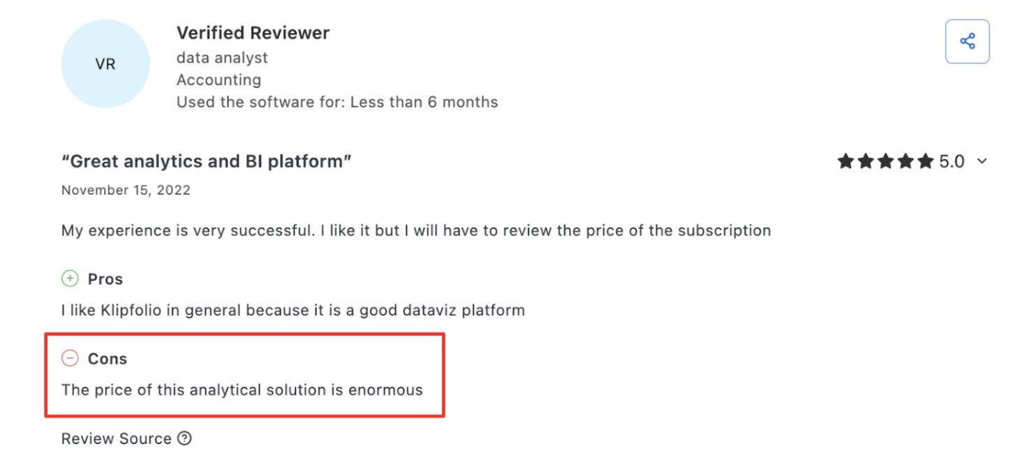 Klipfolio Comment - Review featuring text feedback, star rating, user info, and sharing icon.