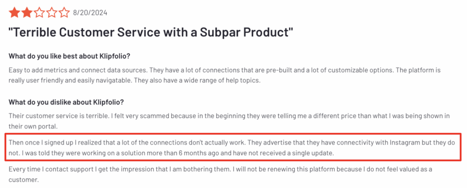Klipfolio Comment - Customer review highlighting connectivity issues and lack of updates