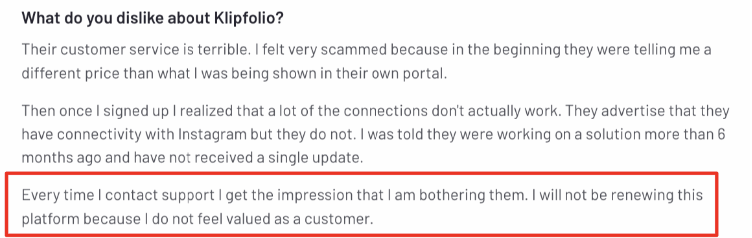 Klipfolio Comment - A text review stating the user does not feel valued as a customer.