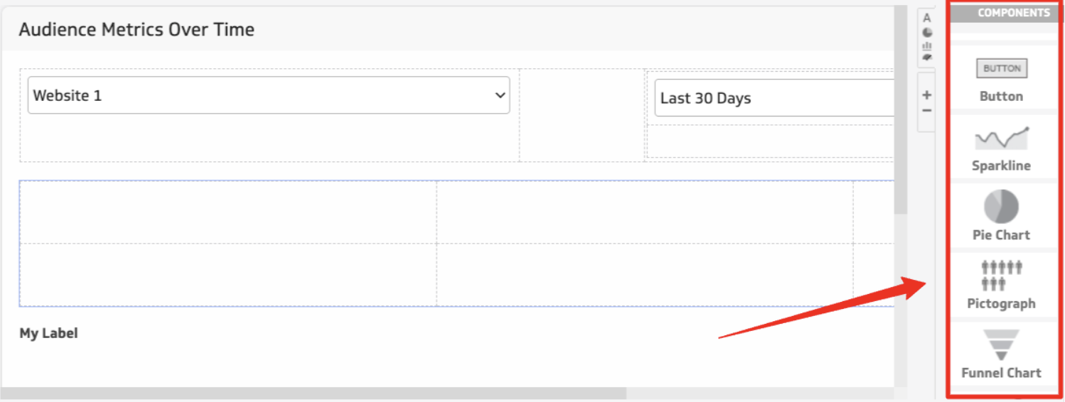Klipfolio Component Settings - Dashboard interface with components like button, sparkline, and charts.