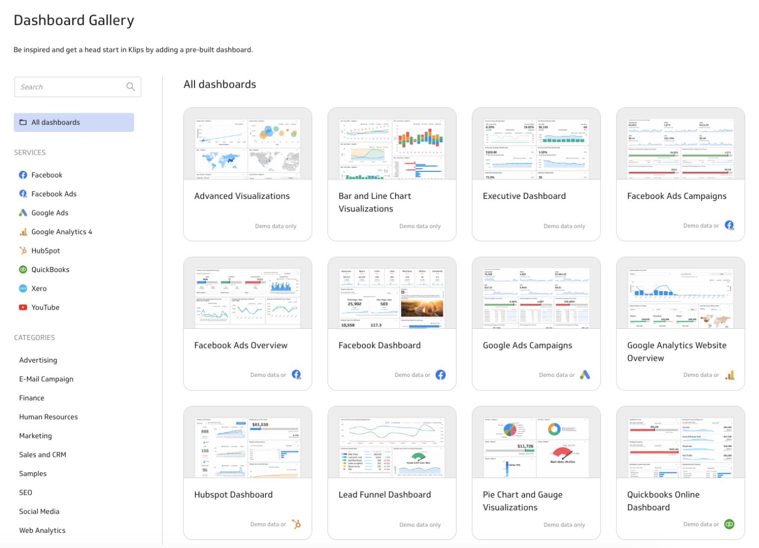 Klipfolio Dashboard Gallery - Dashboard gallery with search, filters and dashboard previews.