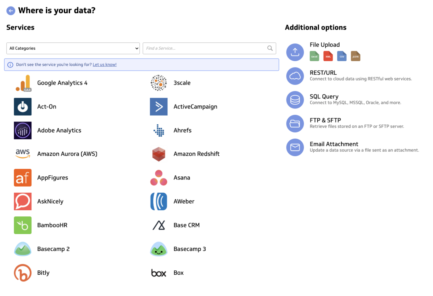Klipfolio Data Connectors - A page with data service connectors and upload options.