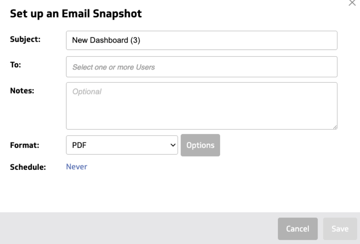 Klipfolio Email Snapshot - Email setup form with fields for subject, recipients, notes, format, and schedule.