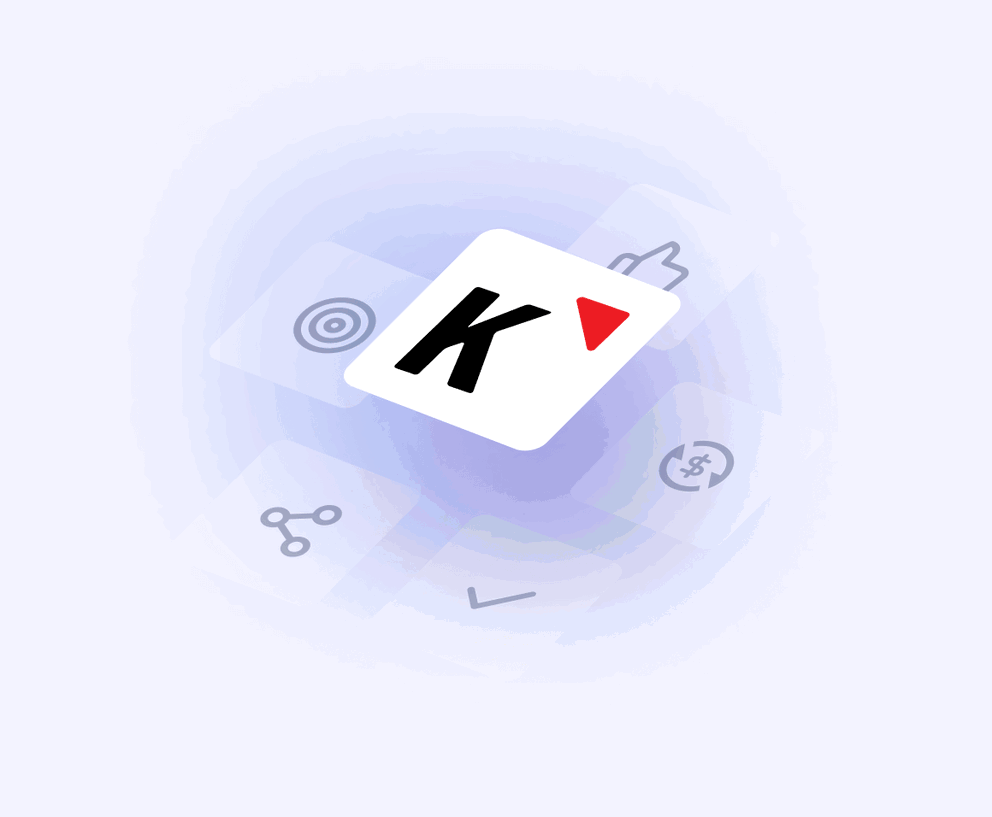 Klipfolio Hero - A card with the letter K, surrounded by faded icons on a blue gradient.