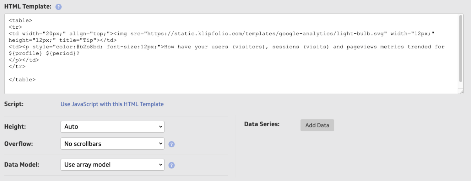Klipfolio Html Template - The Klipfolio HTML template interface with settings.