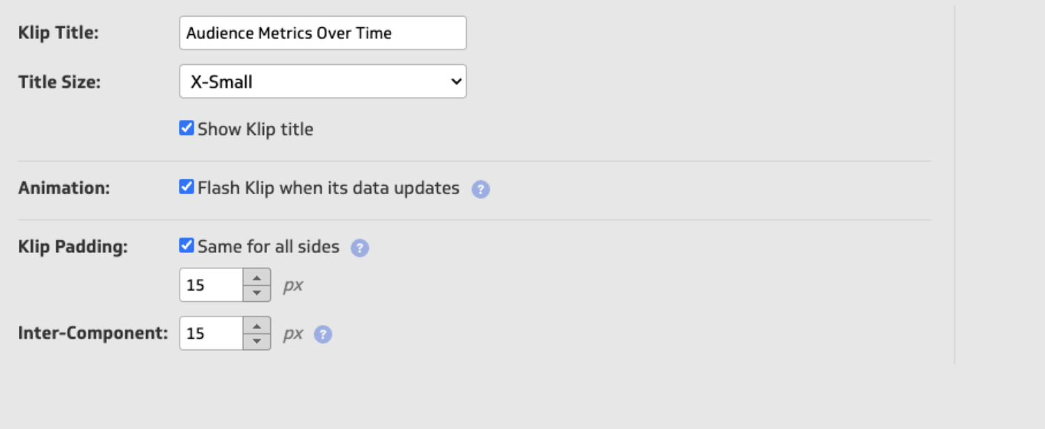 Klip Title - Klip settings with title, size, animation, padding, and component options.