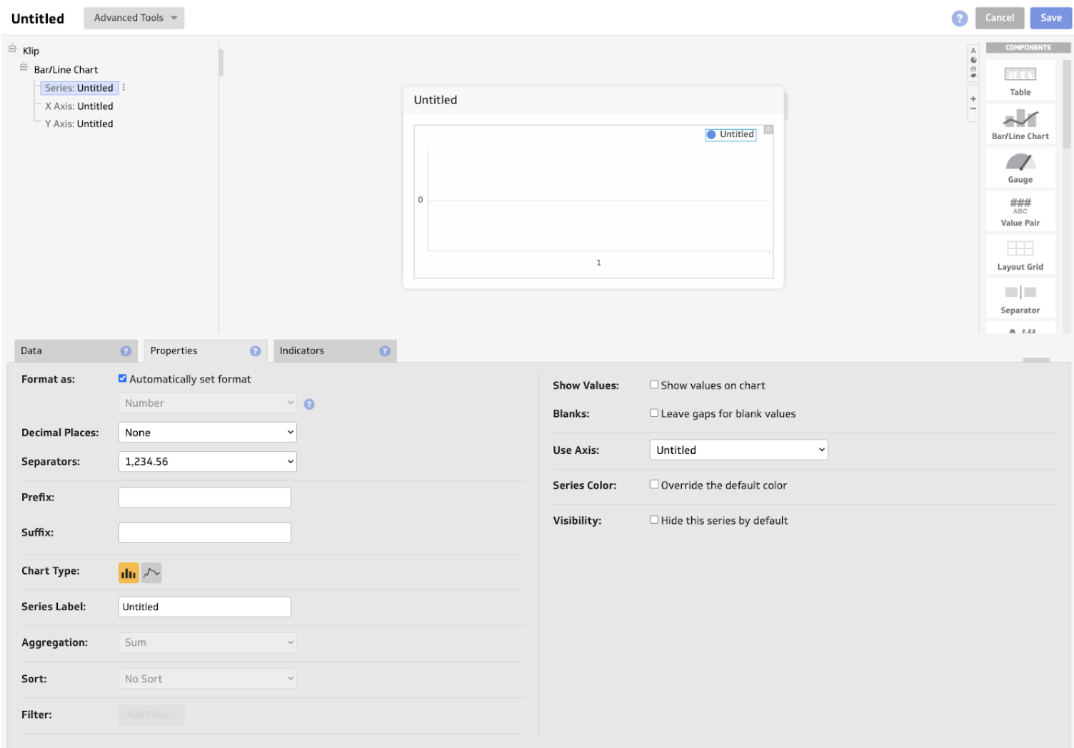 Klipfolio Klips Editor - Klip editor interface showing a bar/line chart properties.