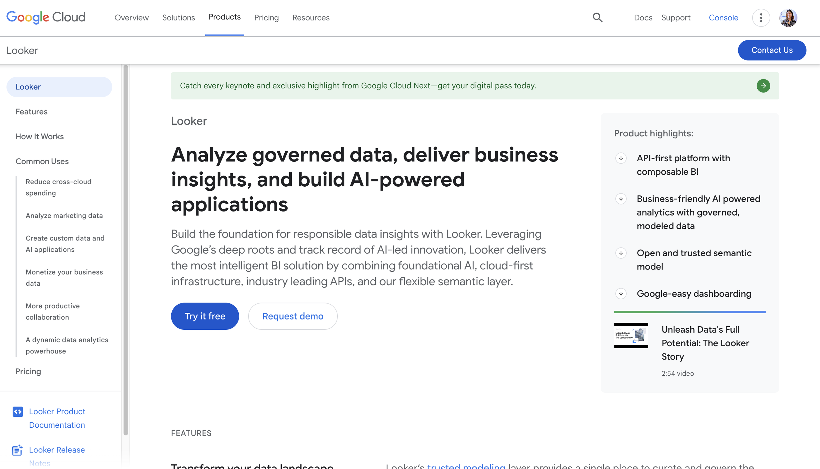 Looker Enterprise Version - Google Cloud interface with Looker features and product highlights