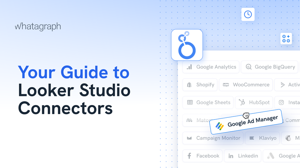 Looker Studio Connectors - Website interface with connectors, including Google Analytics, Shopify, and Facebook.
