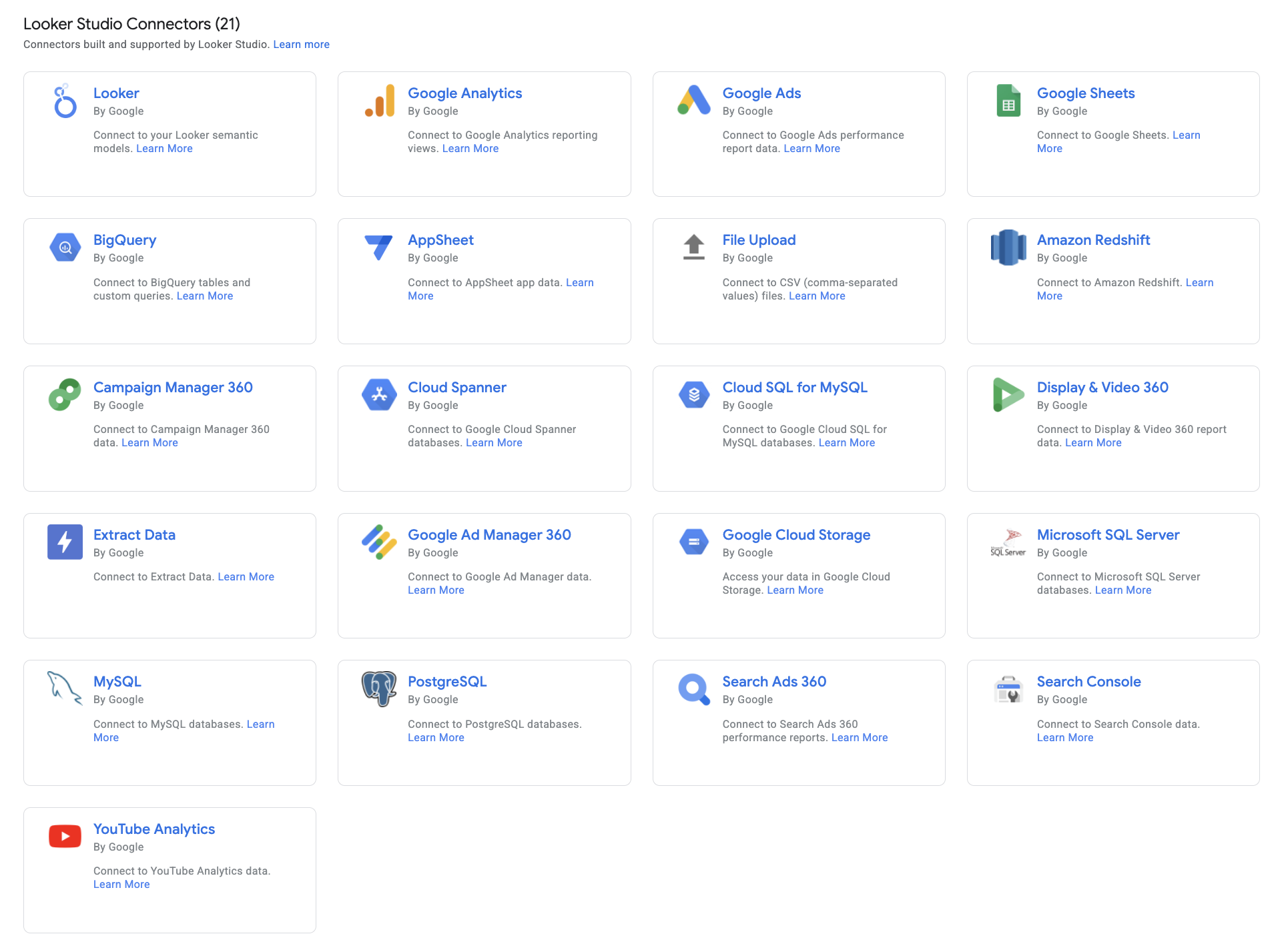 Looker Studio Google Connectors - A grid of icons representing various Google data connectors.