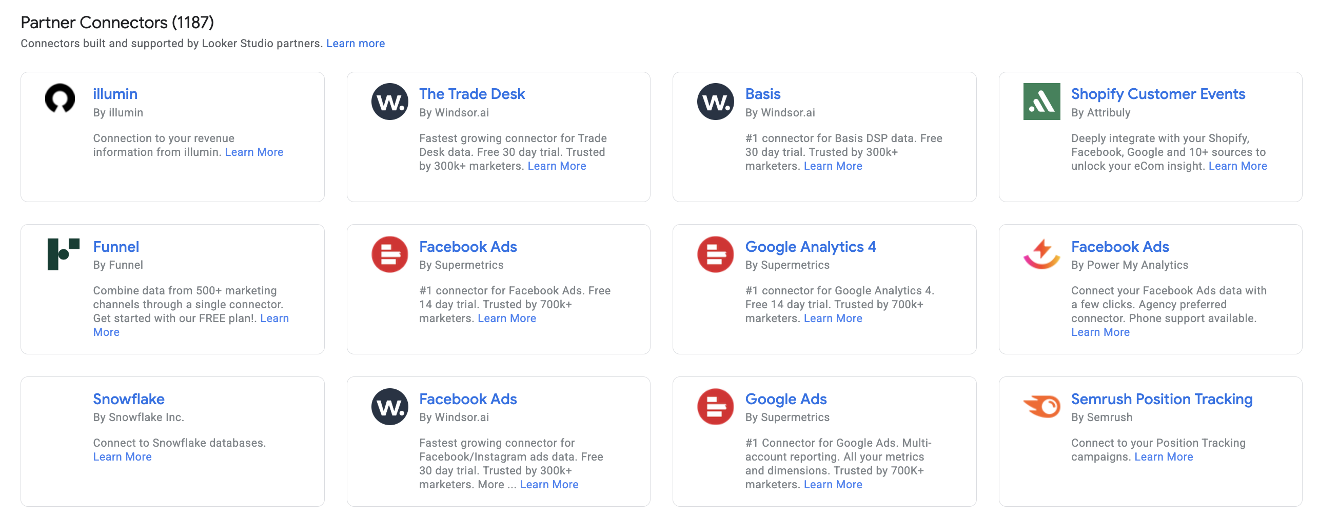 Looker Studio Partner Connectors - A grid of connector options with logos and descriptions.