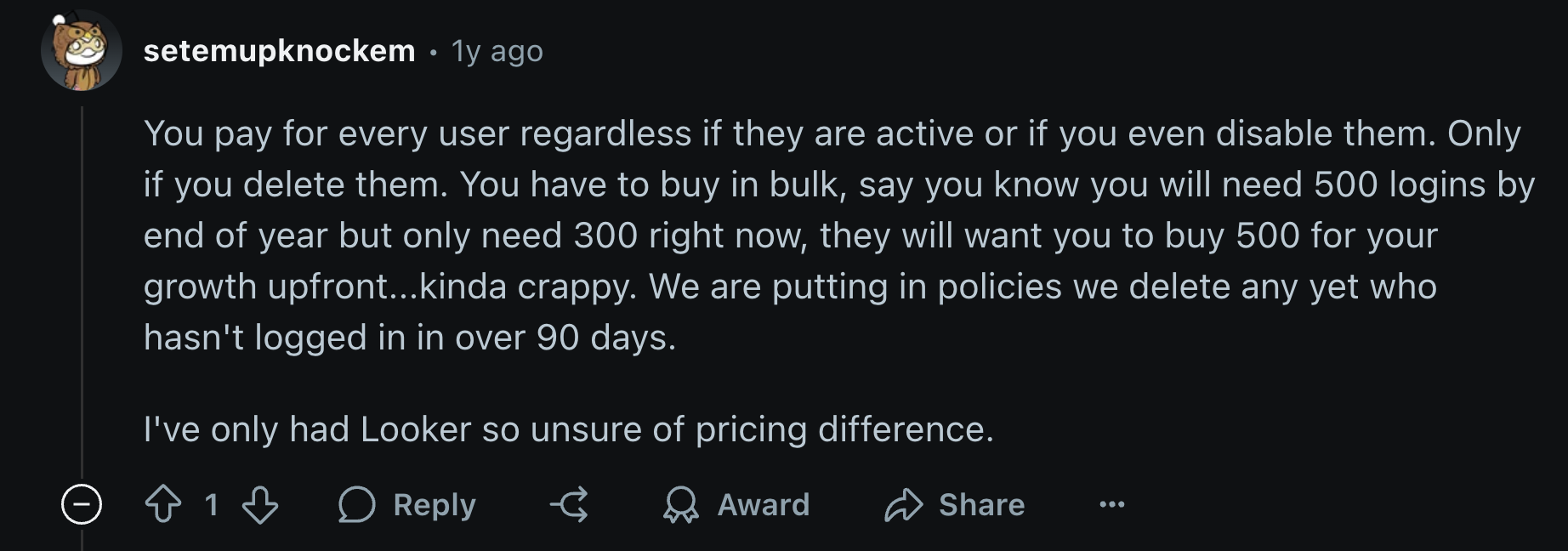 Looker Studio Pricing Charges For Inactive Users - A comment on Reddit discussing Looker pricing policy.