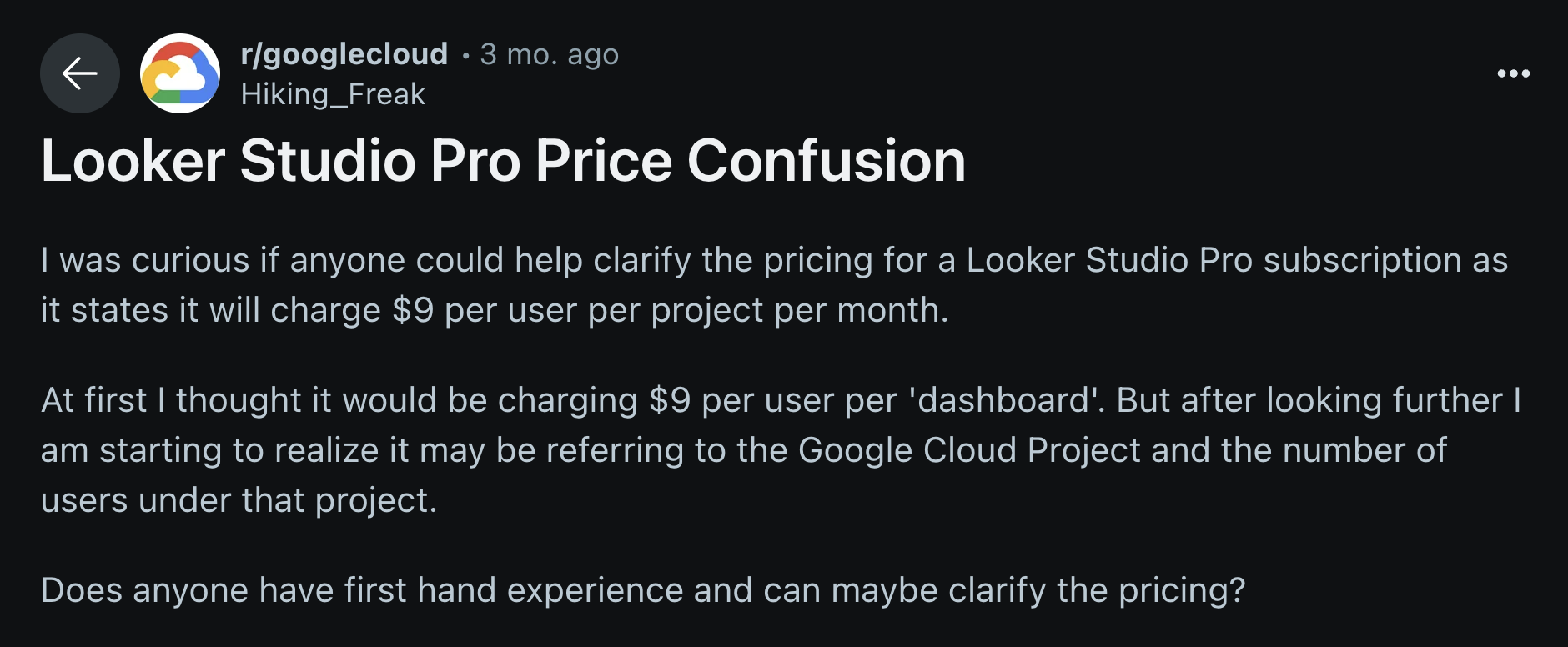 Looker Studio Pro Pricing Confusion - A Reddit post discussing Looker Studio pricing.