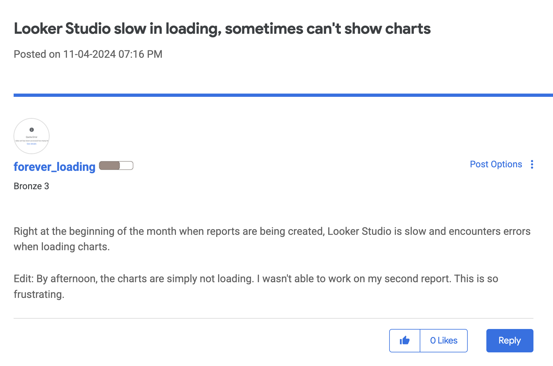 Here's my attempt at generating alt text for the image:

Looker Studio Slow In Loading - A screenshot of a community forum post.