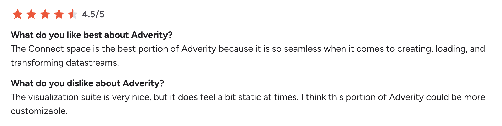 Adverity review - Star rating and two customer reviews.