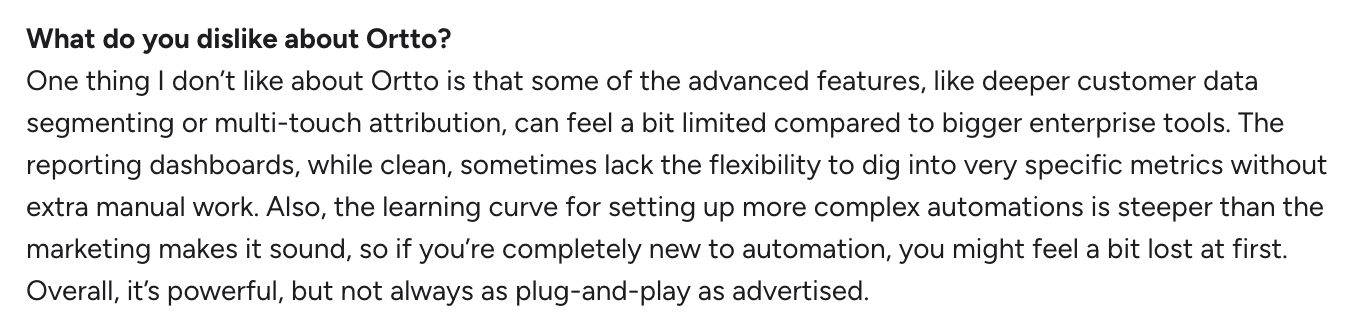 Ortto review - Text outlining dislikes of a marketing platform.