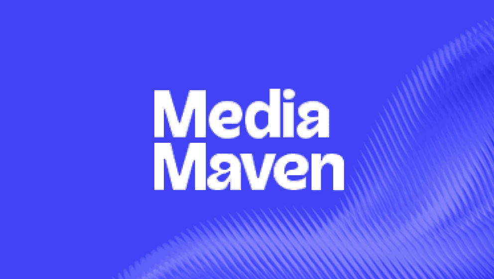 Media Maven - White text "Media Maven" on a blue wavy background.