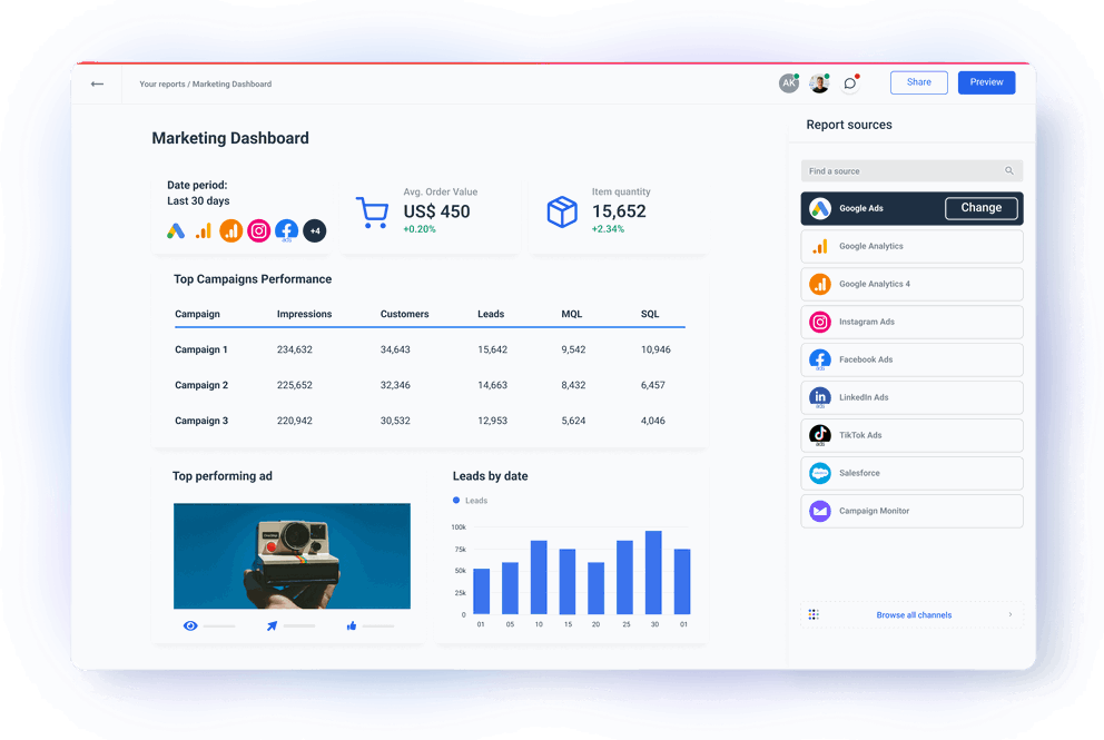 Use Whatagraph Multi-channel marketing Dashboard Template