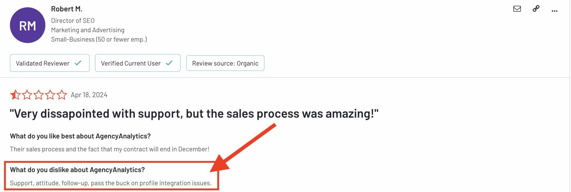Negative Agencyanalytics G2 Review - A customer review is visible in the image.