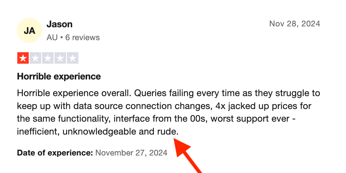 Supermetrics - A one star review complaining about horrible experiences.