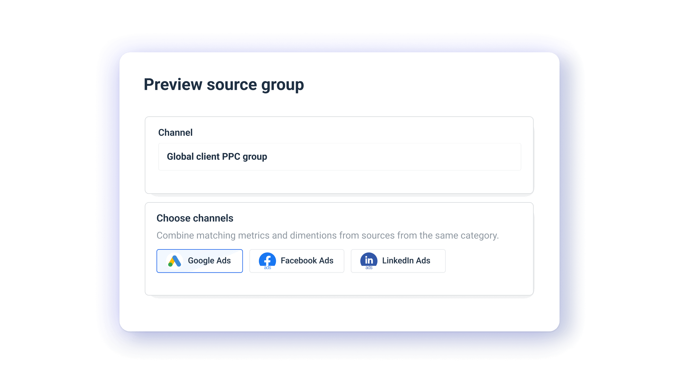 Organize Your Data - Dialog box with channel options for Google, Facebook, and LinkedIn Ads.
