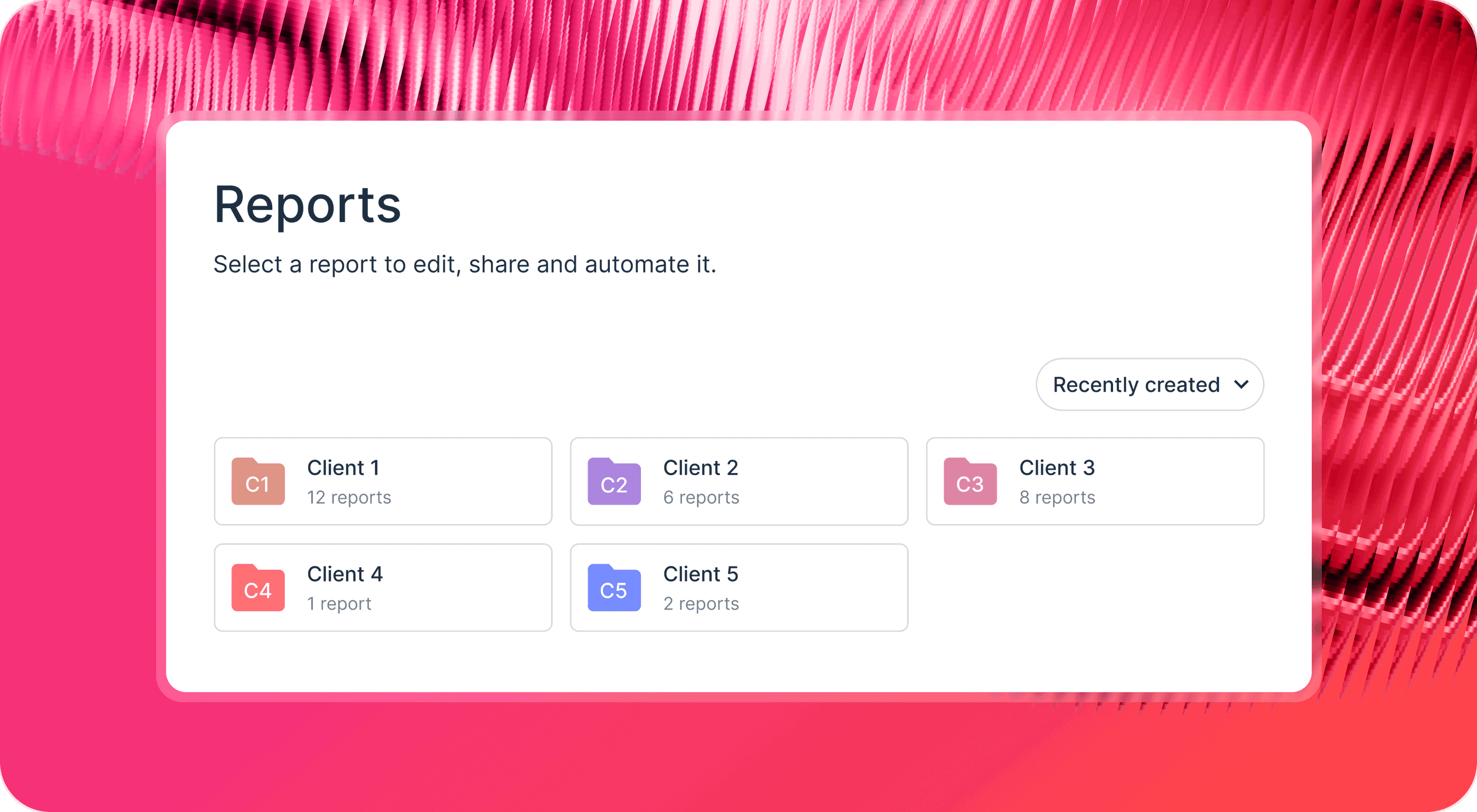 Organizing Reports At Scale - Dashboard view with report folders for multiple clients.
