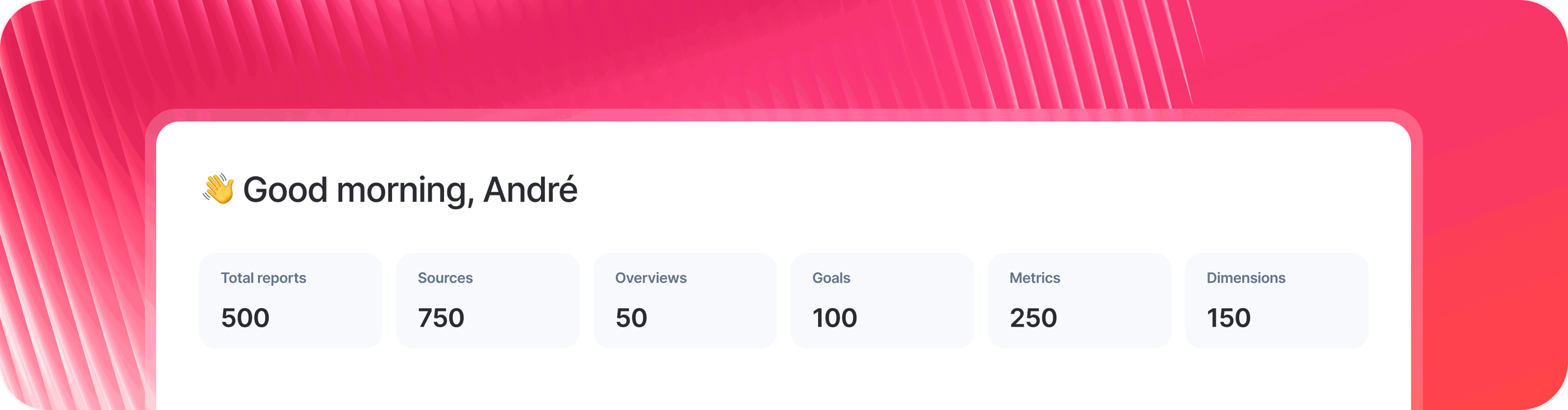Overview Metrics - A dashboard showing total reports, sources, goals, metrics and dimensions.