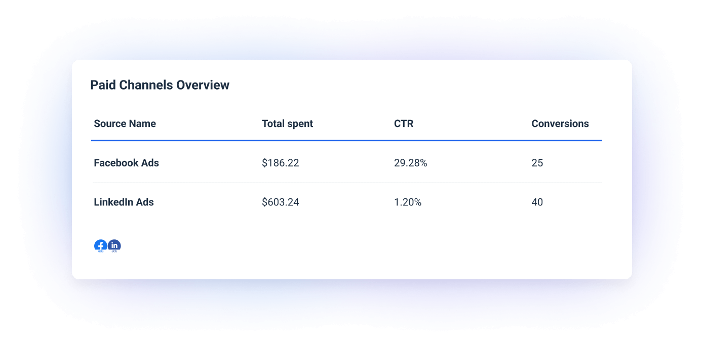 Paid Channels Overview Table - Table showing Facebook and Linkedin Ads data with conversions, CTR, and total spend.