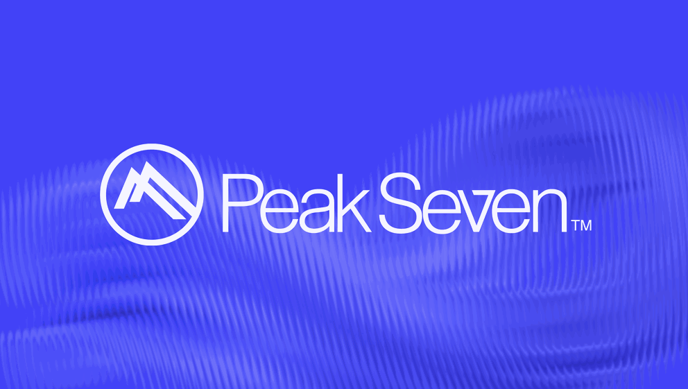 Peak Seven - Logo on a blue textured background with abstract lines.