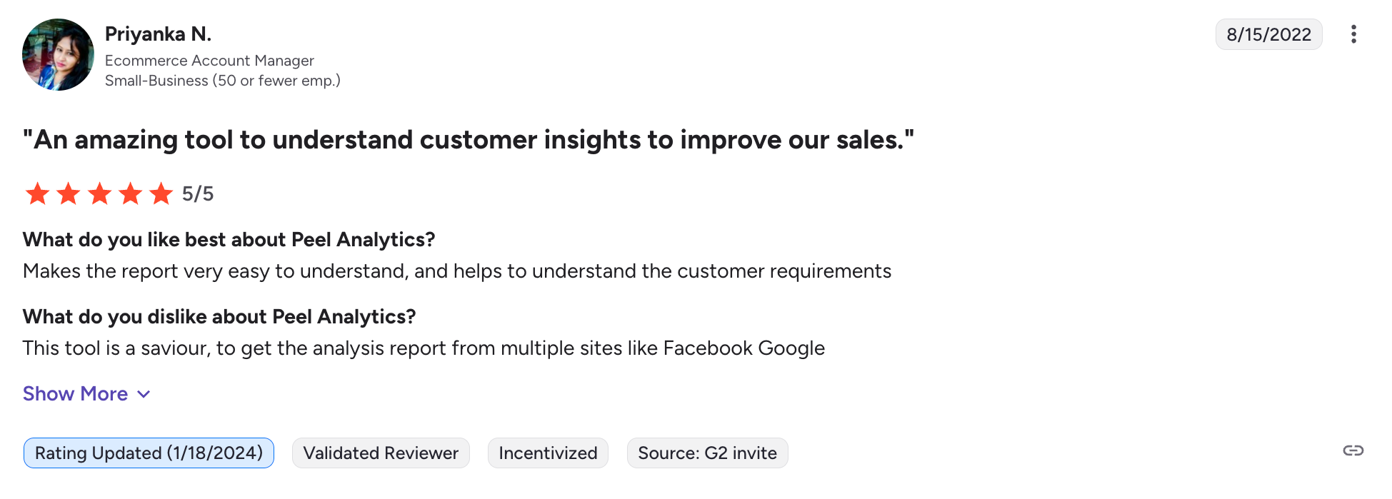 Peel Positive Review - Online review with 5-star rating and reviewer details.
