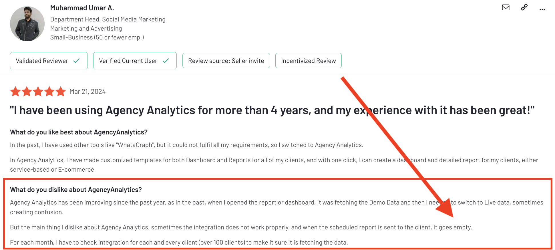 Problem With AA Reporting - User review highlights dislikes of Agency Analytics.