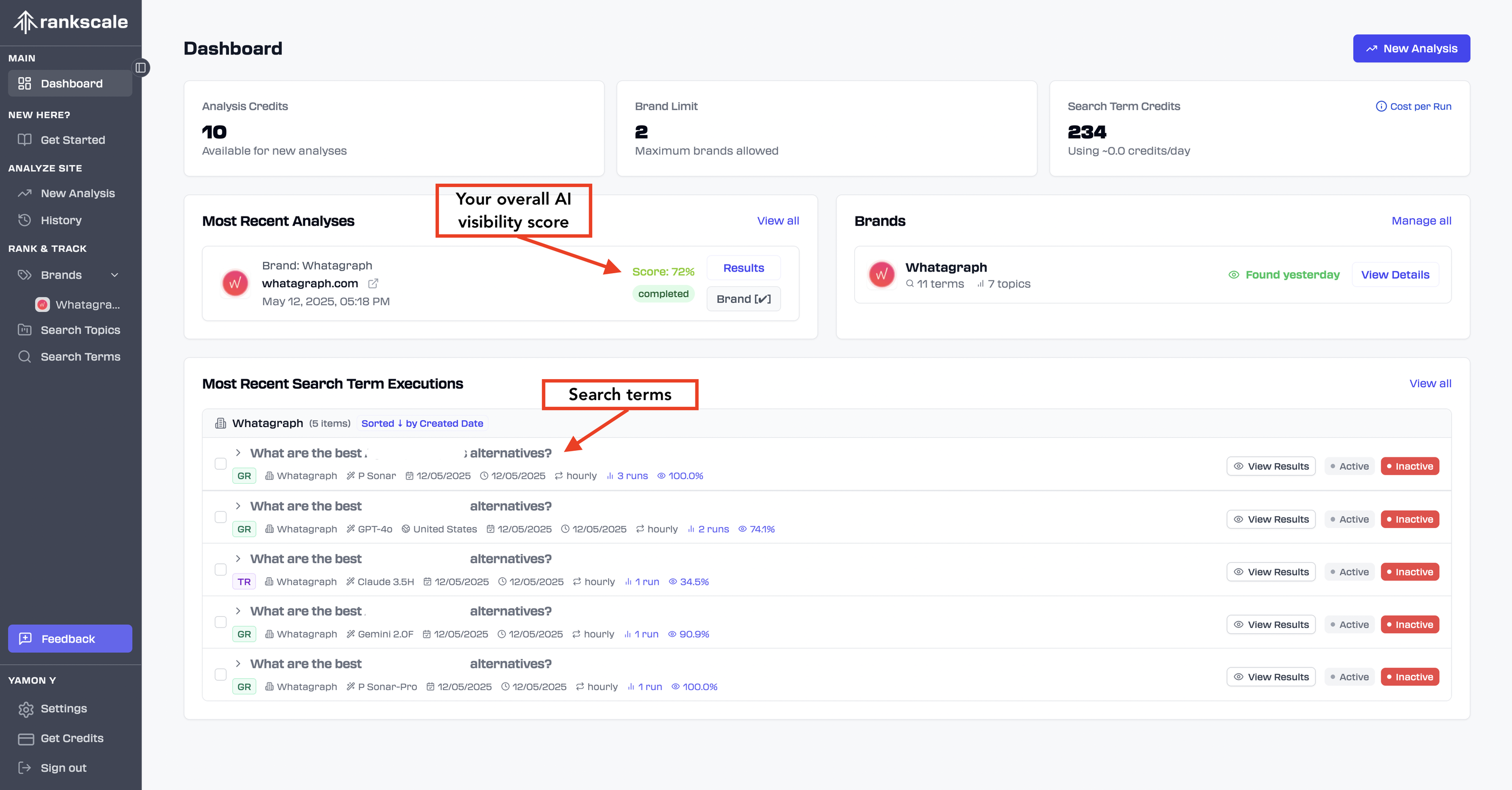 Rankscale AI Monitoring Dashboard - A clean dashboard displaying analytics like analysis credits and brand limit.