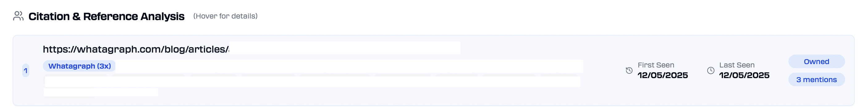 Rankscale Citation And Reference Analysis - Table with URL, number of mentions, first seen and last seen dates.