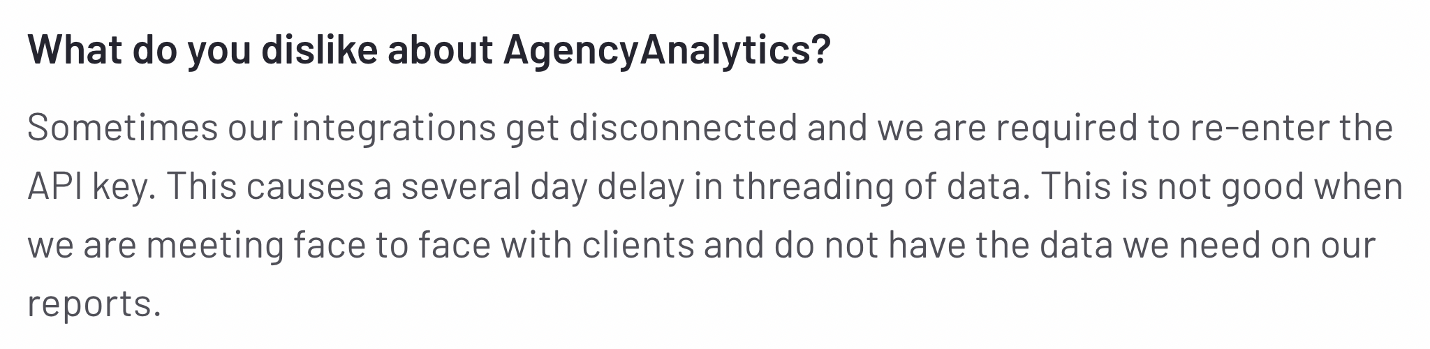 Agency Analytics - Text discussing integration issues and API key re-entry.