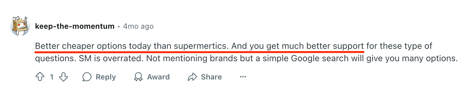 Reddit User Negative Comment On Supermetrics - Reddit comment thread with text and upvote, reply, award, and share options.