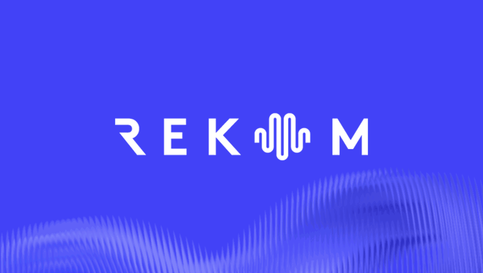 Rekom - Logo with white text and soundwave icon on a blue background.