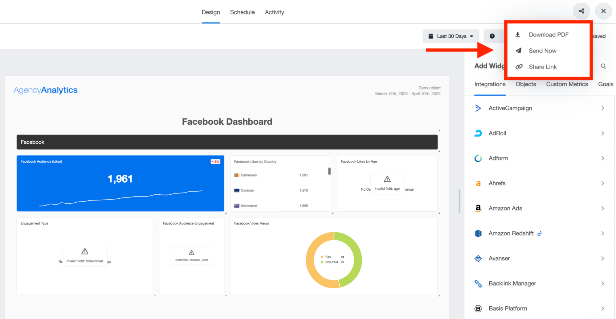 Report Send Options In AA - The screenshot shows report options in dropdown format.