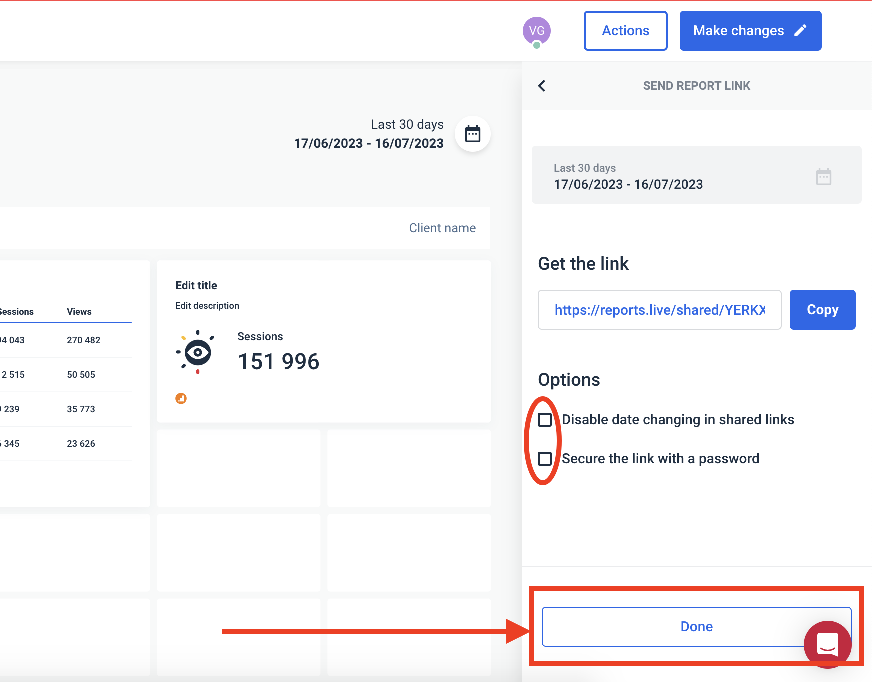 Report Sharing Password - Screenshot of report sharing options interface with a 