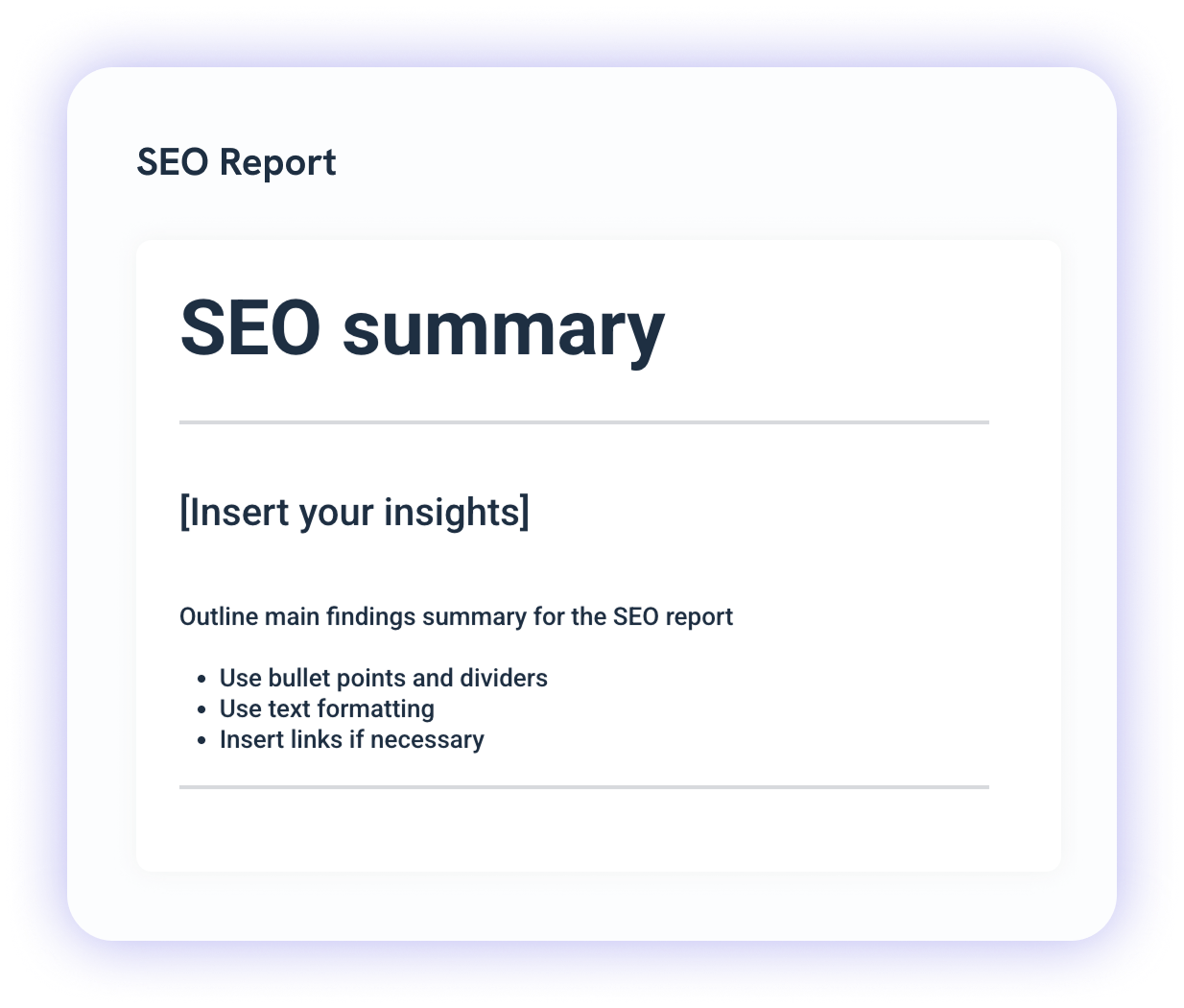 SEO Report Summary - A report template with the title 