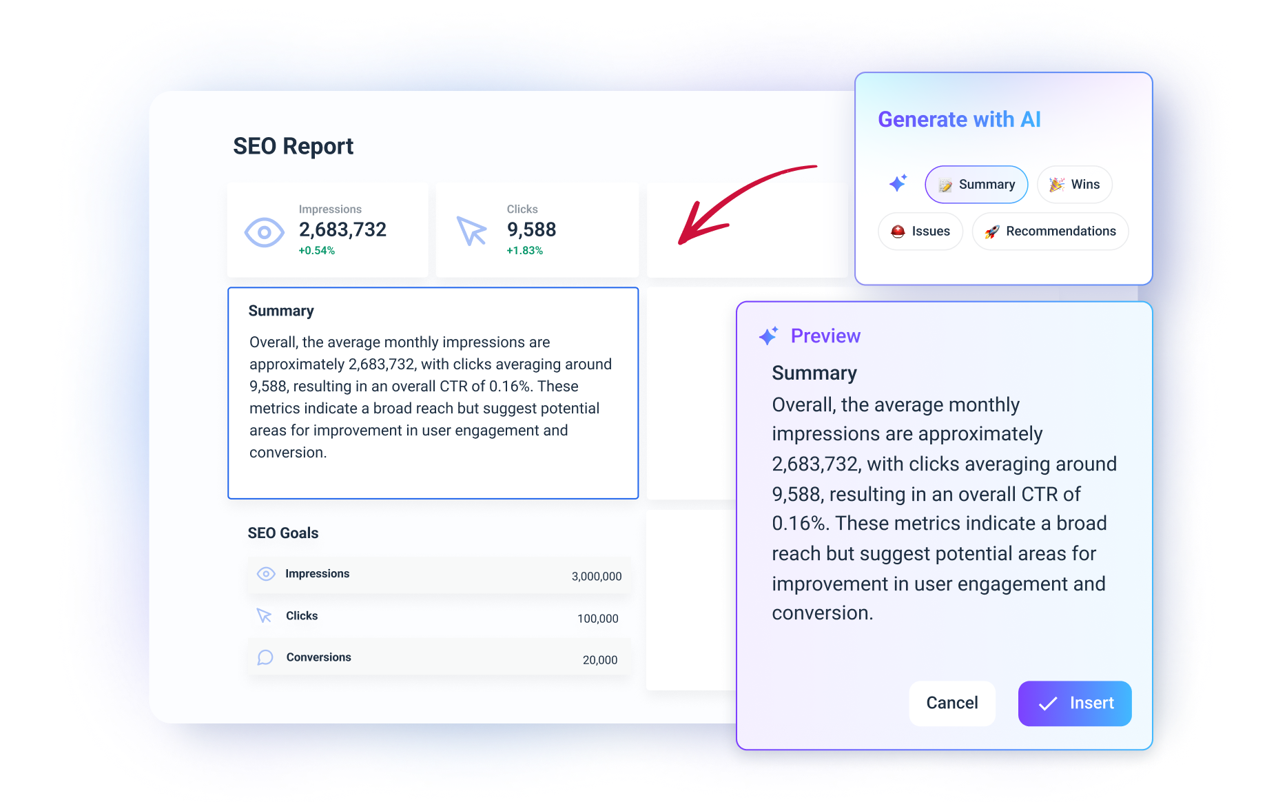 SEO Reporting Tool - An SEO dashboard shows generated AI summaries.