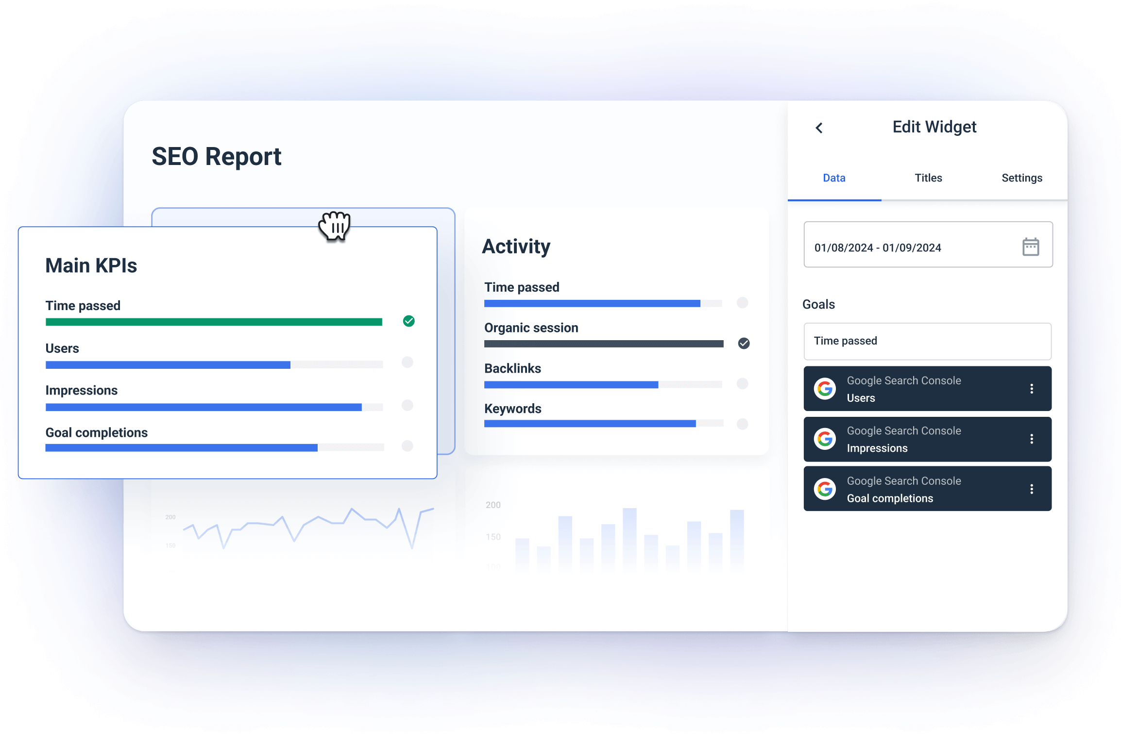 SEO Reporting Tool - Drag and drop interface with charts, graphs, and data widgets