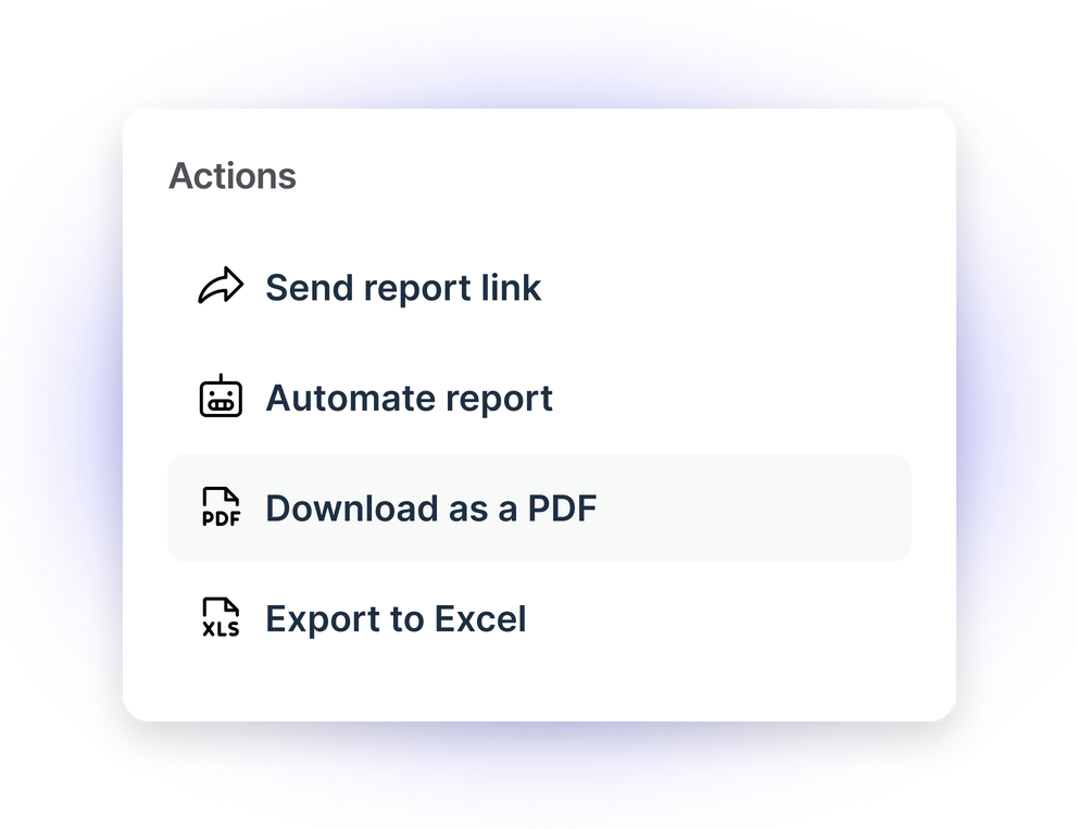 Sharing - Menu showing options to send, automate, download, and export a report.
