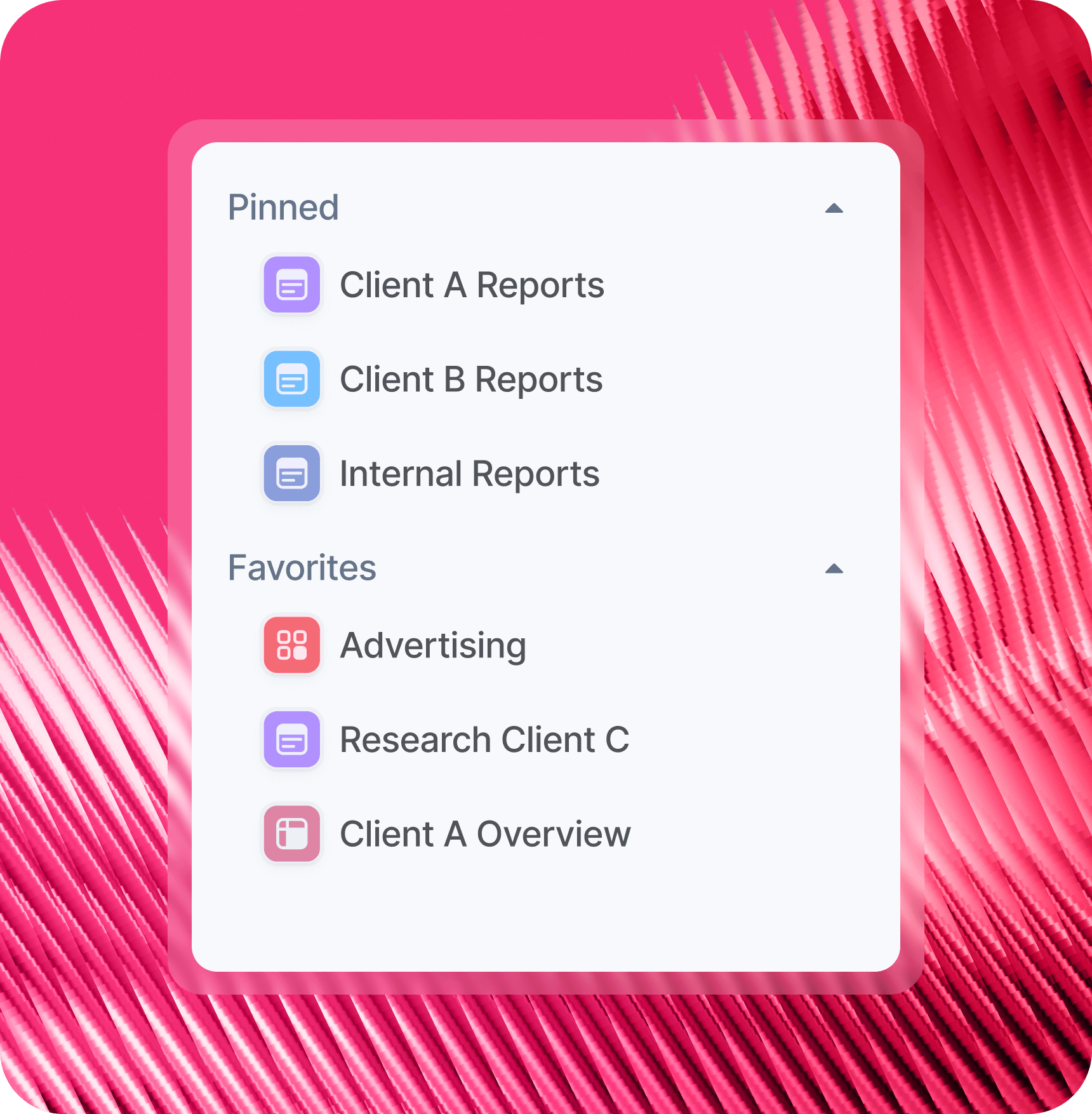 Sidebar - Sidebar menu with Pinned and Favorites sections on pink background.