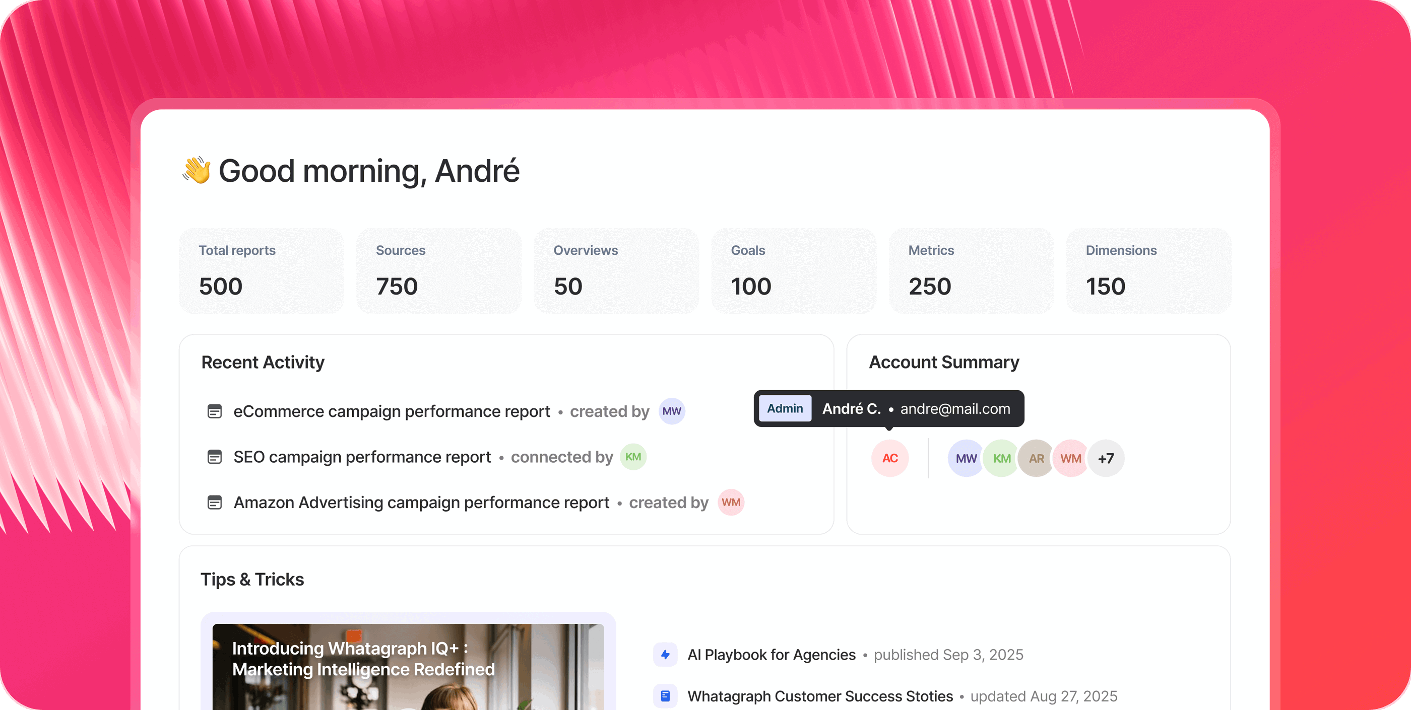 Spaces - Dashboard interface with summary metrics and recent activity log.