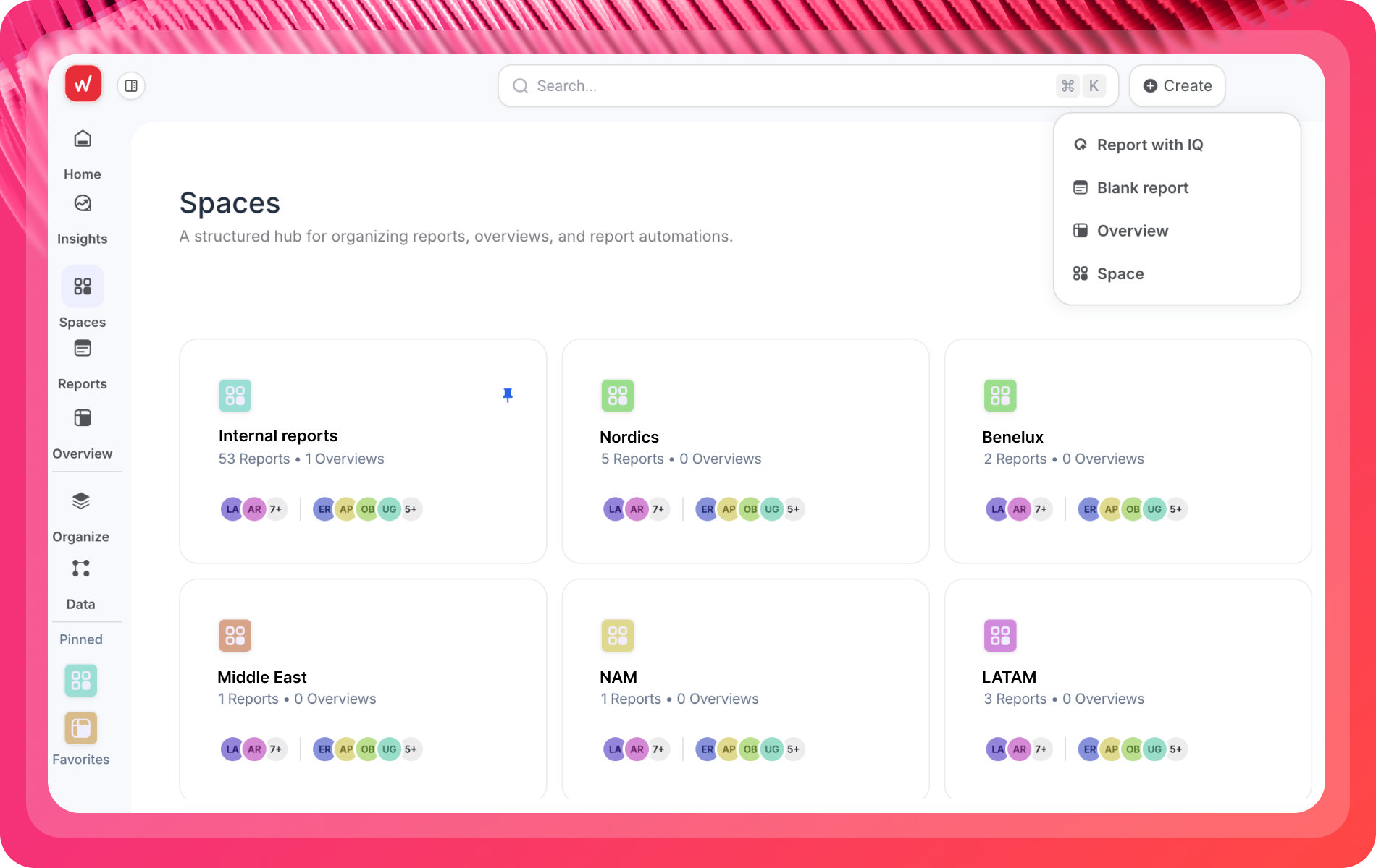 Spaces On Whatagraph - Screenshot of a dashboard with space management and reporting features.