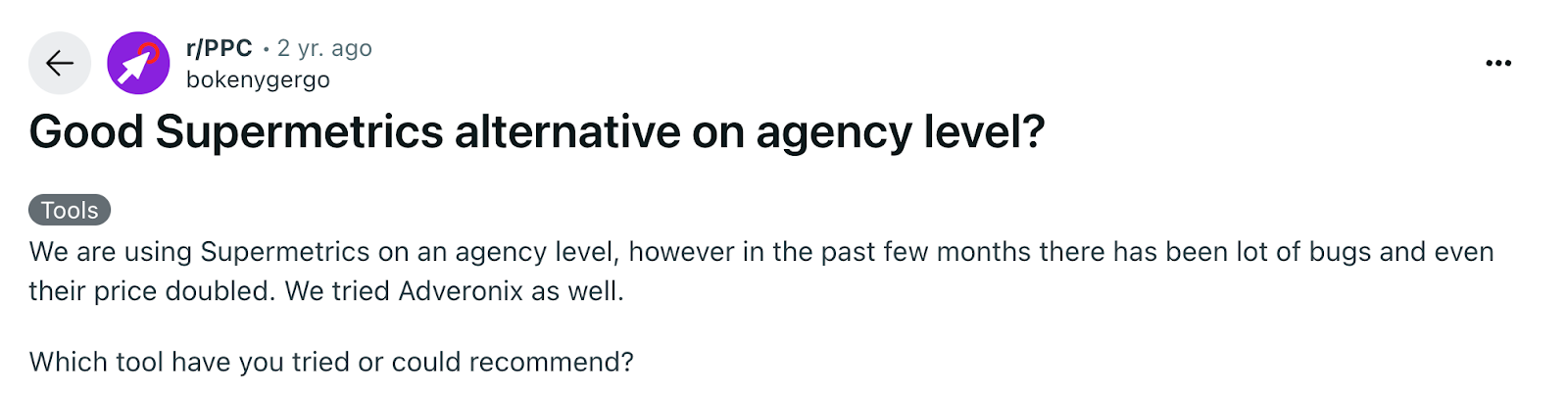 Supermetrics Alternative On Reddit - A screenshot of a Reddit post asking for Supermetrics alternatives.