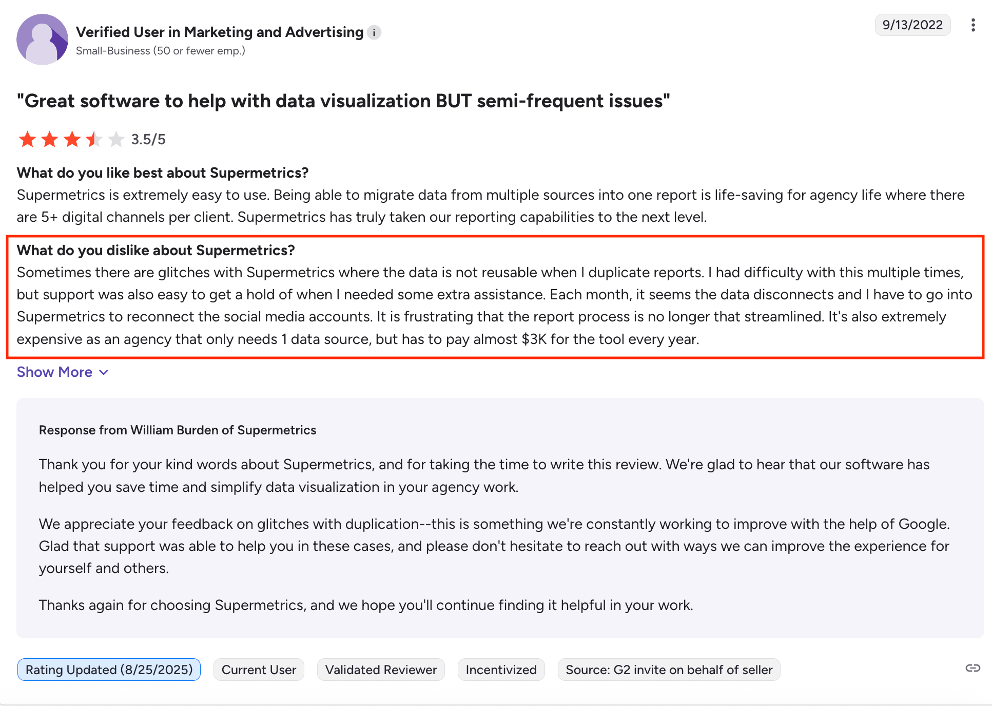 Supermetrics Con - A customer review of Supermetrics with an orange box around the cons.